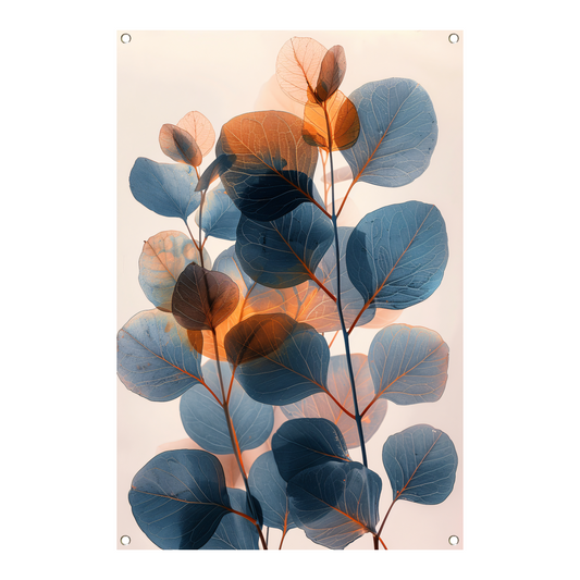 Abstracte compositie van blauwe en oranje bladeren tuinposter