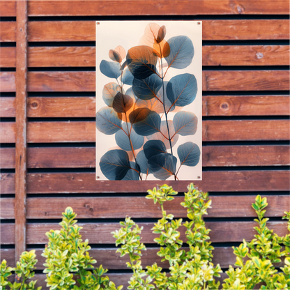 Abstracte compositie van blauwe en oranje bladeren tuinposter