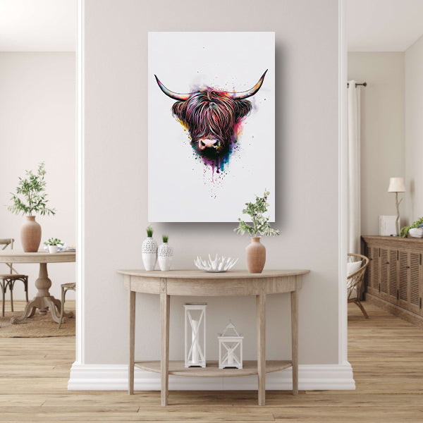 Explosie van Kleur: Abstracte Schotse hooglander canvas met baklijst