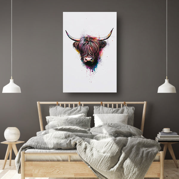 Explosie van Kleur: Abstracte Schotse hooglander canvas met baklijst