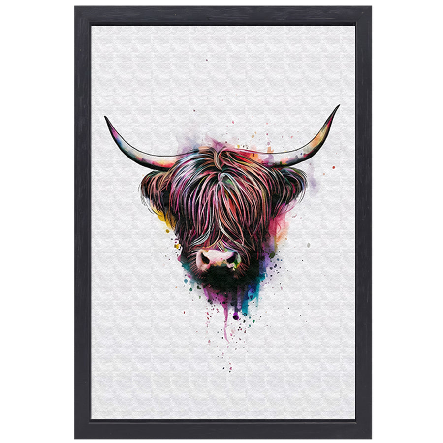 Explosie van Kleur: Abstracte Schotse hooglander canvas met baklijst