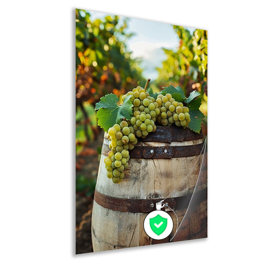 Rustiek Houten Vat met Groene Druiven in Wijngaard poster