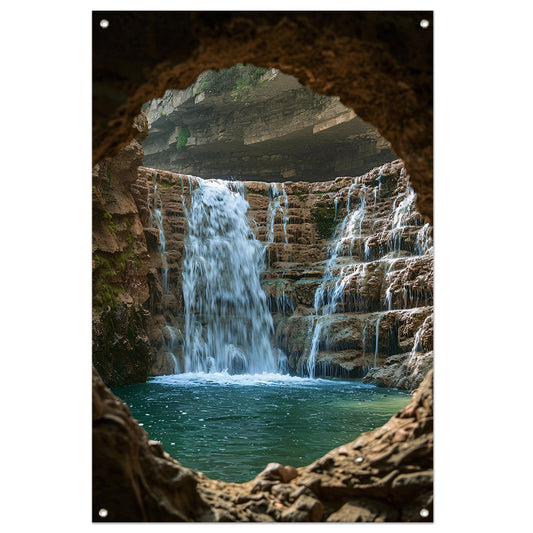 Waterval door Stenen Raam in Natuur tuinposter