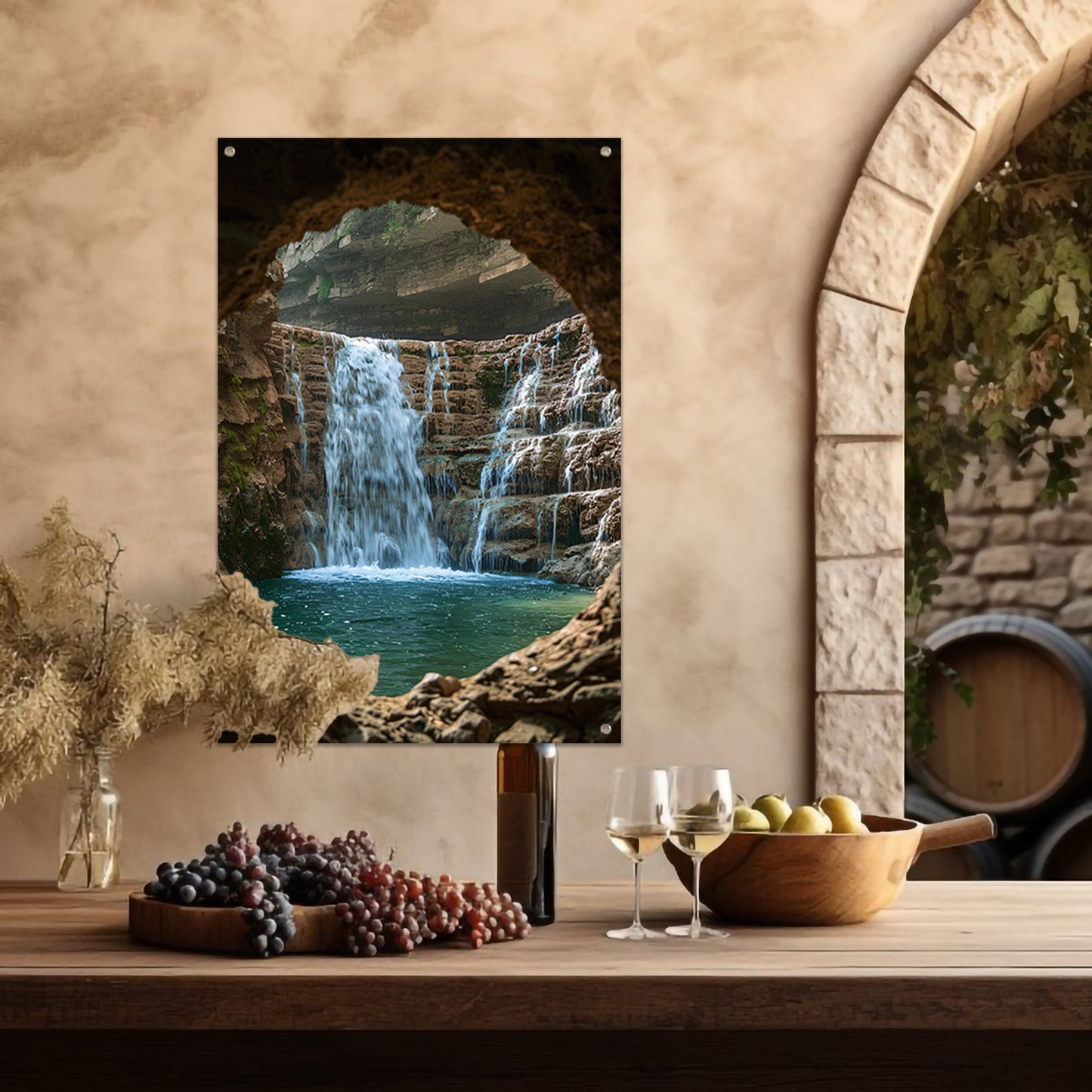 Waterval door Stenen Raam in Natuur tuinposter