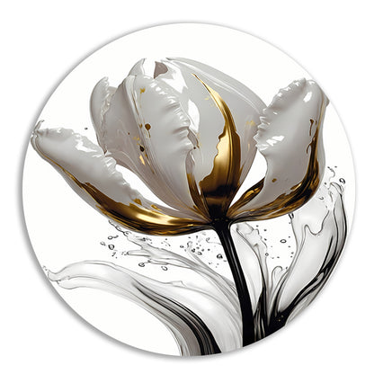 Abstracte witte en gouden tulp met druppels aluminium muurcirkel