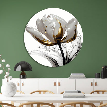 Abstracte witte en gouden tulp met druppels aluminium muurcirkel