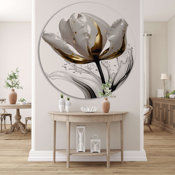 Abstracte witte en gouden tulp met druppels aluminium muurcirkel