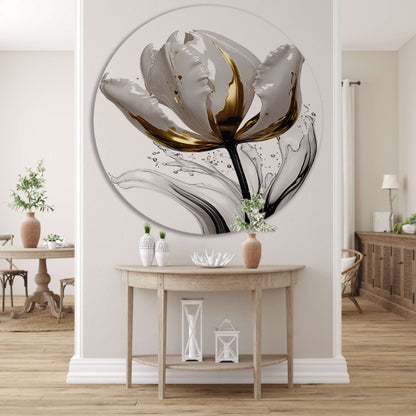 Abstracte witte en gouden tulp met druppels aluminium muurcirkel