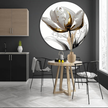 Abstracte witte en gouden tulp met druppels aluminium muurcirkel