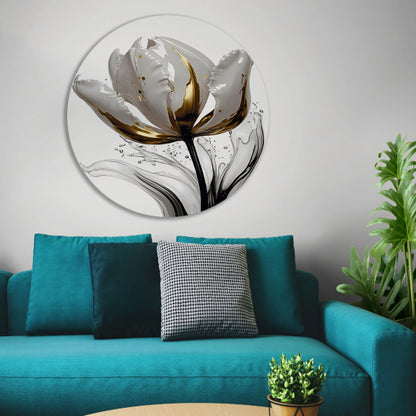 Abstracte witte en gouden tulp met druppels aluminium muurcirkel