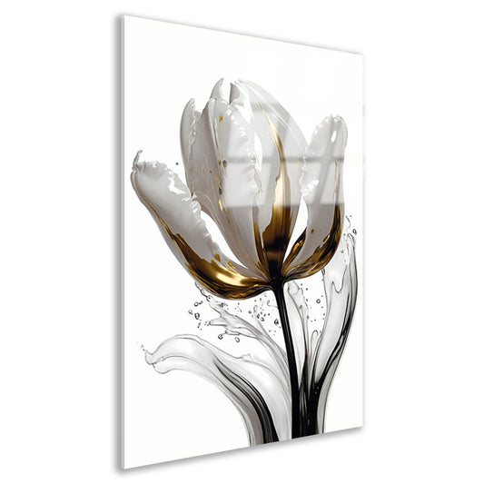 Abstracte witte en gouden tulp met druppels acrylglas