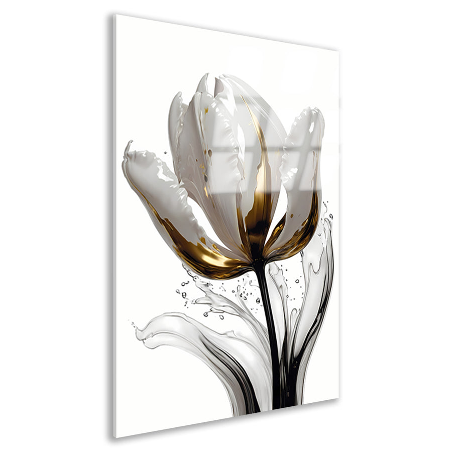Abstracte witte en gouden tulp met druppels acrylglas