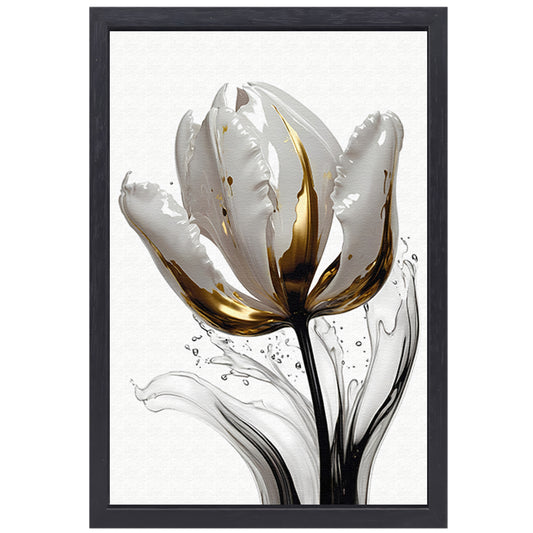 Abstracte witte en gouden tulp met druppels canvas met baklijst