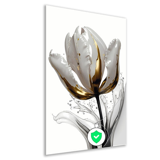 Abstracte witte en gouden tulp met druppels poster