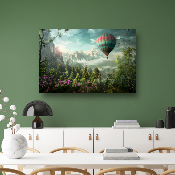 Luchtballonvaart boven bos en bergen canvas