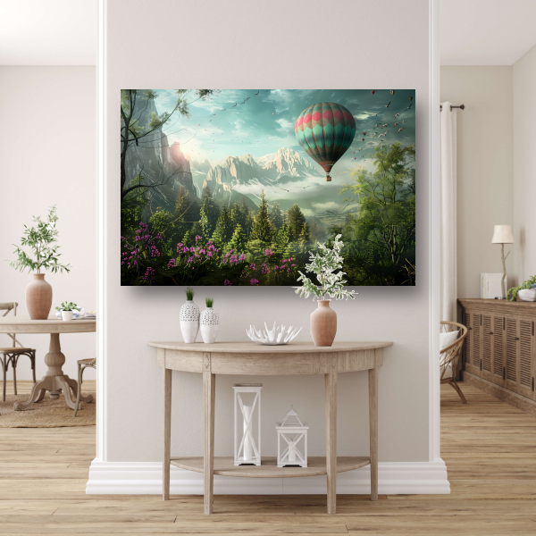 Luchtballonvaart boven bos en bergen canvas