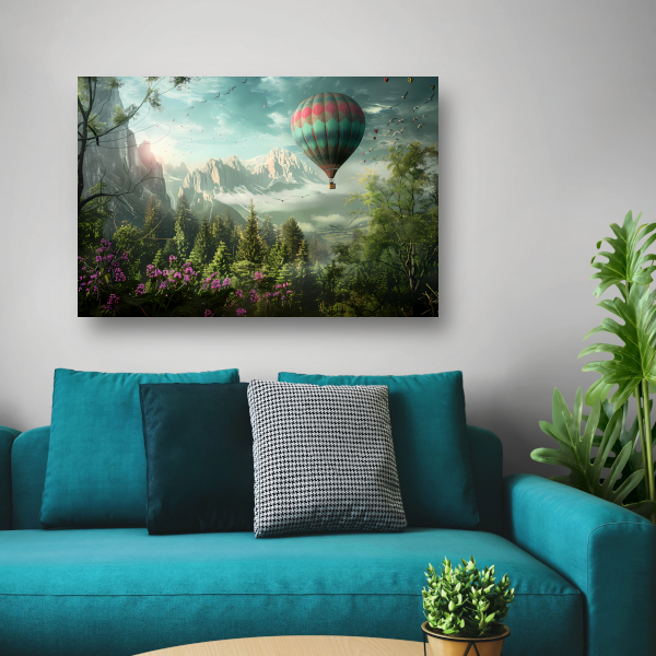 Luchtballonvaart boven bos en bergen canvas