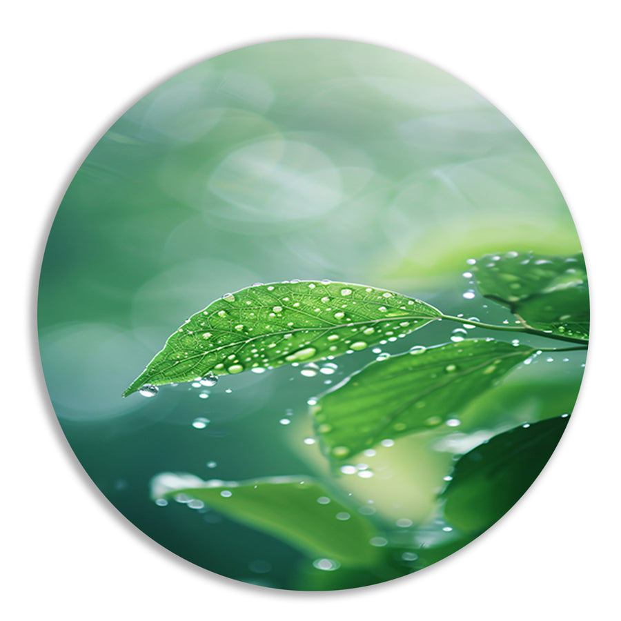 Blad met Waterdruppels in Zonlicht aluminium muurcirkel