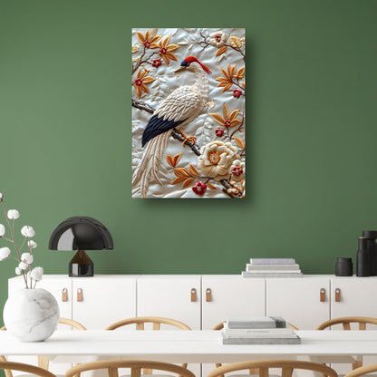 Borduurwerk van een vogel met bloemen poster