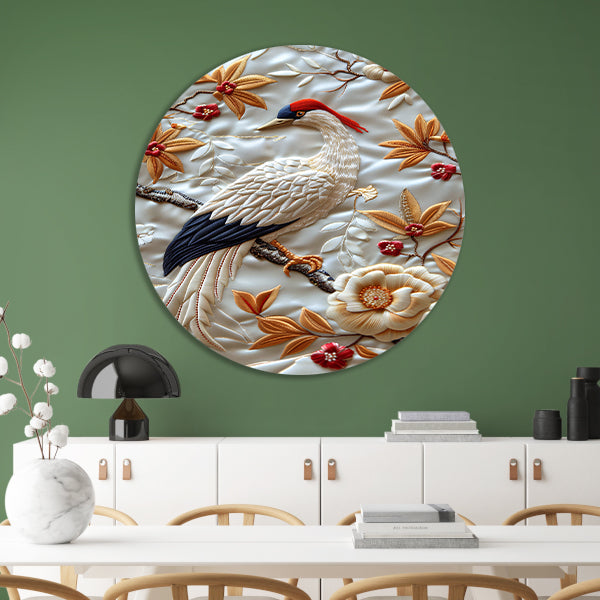 Borduurwerk van een vogel met bloemen aluminium muurcirkel