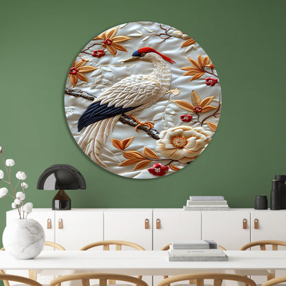Borduurwerk van een vogel met bloemen aluminium muurcirkel