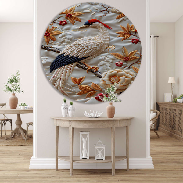 Borduurwerk van een vogel met bloemen aluminium muurcirkel