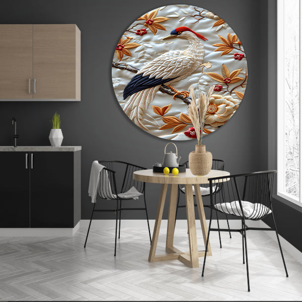 Borduurwerk van een vogel met bloemen aluminium muurcirkel