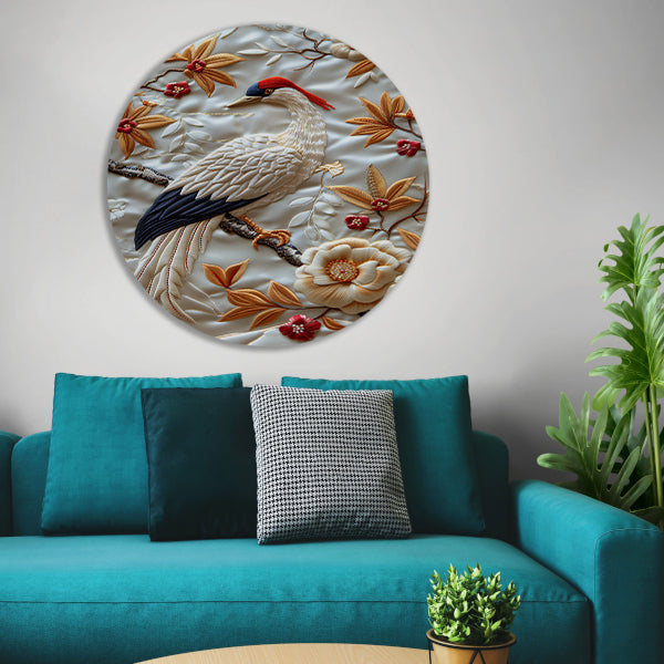Borduurwerk van een vogel met bloemen aluminium muurcirkel