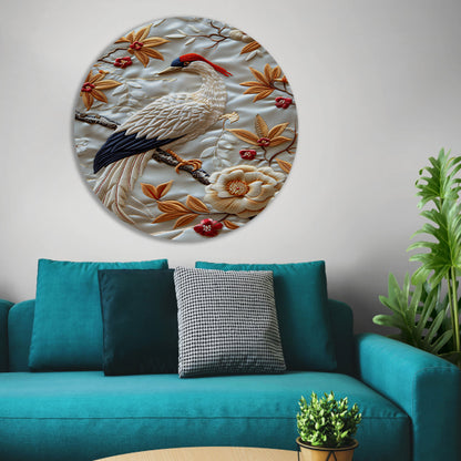 Borduurwerk van een vogel met bloemen aluminium muurcirkel