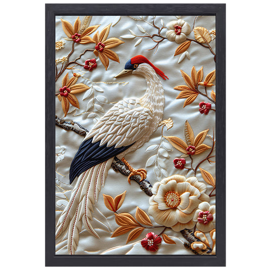 Borduurwerk van een vogel met bloemen canvas met baklijst