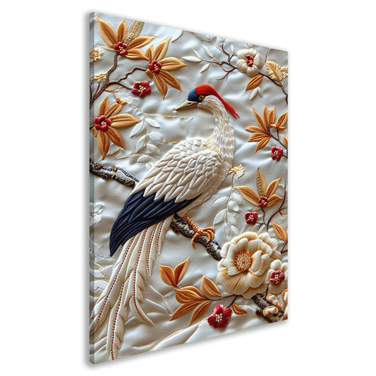 Borduurwerk van een vogel met bloemen canvas