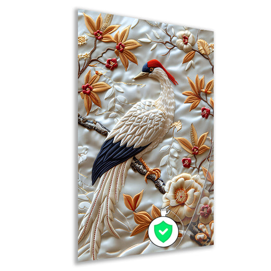 Borduurwerk van een vogel met bloemen poster