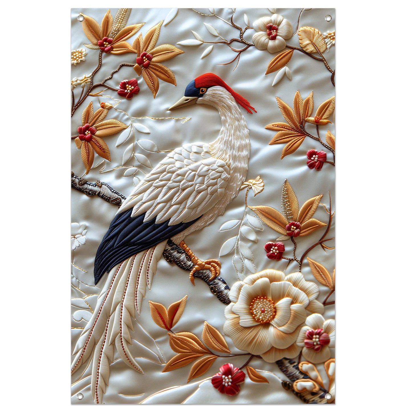 Borduurwerk van een vogel met bloemen tuinposter