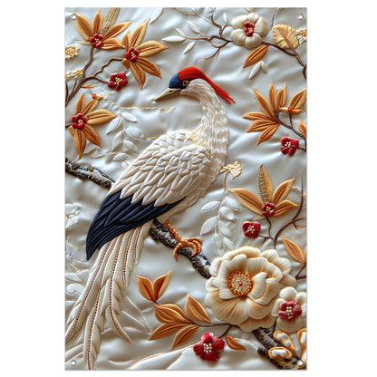 Borduurwerk van een vogel met bloemen tuinposter