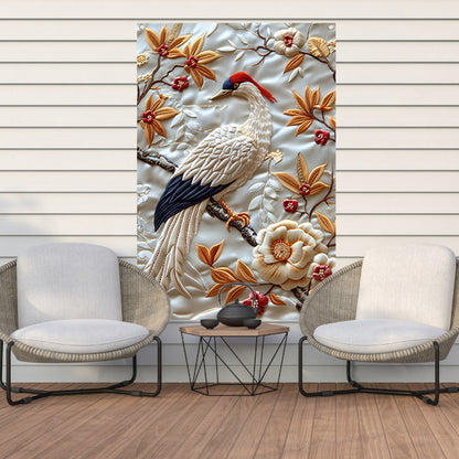 Borduurwerk van een vogel met bloemen tuinposter