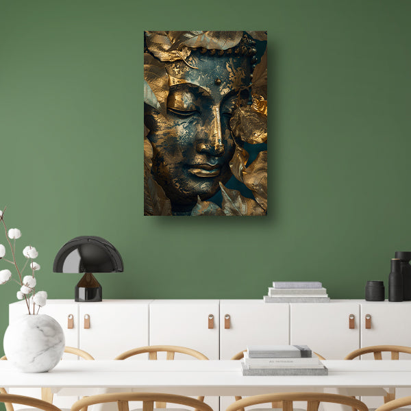 Blauwe en Gouden Boeddha met Bladmotieven acrylglas