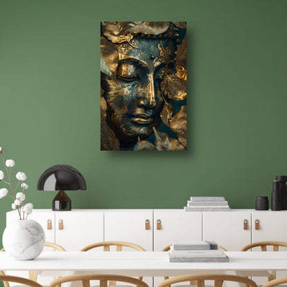 Blauwe en Gouden Boeddha met Bladmotieven acrylglas