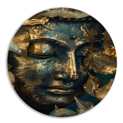 Blauwe en Gouden Boeddha met Bladmotieven forex muurcirkel