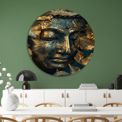 Blauwe en Gouden Boeddha met Bladmotieven aluminium muurcirkel