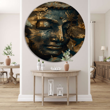 Blauwe en Gouden Boeddha met Bladmotieven forex muurcirkel