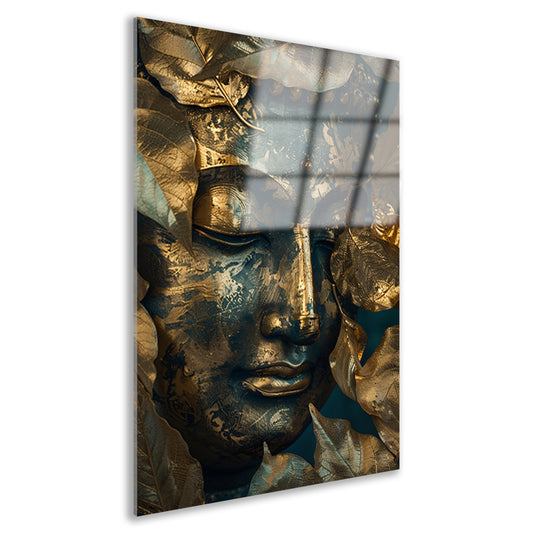 Blauwe en Gouden Boeddha met Bladmotieven acrylglas