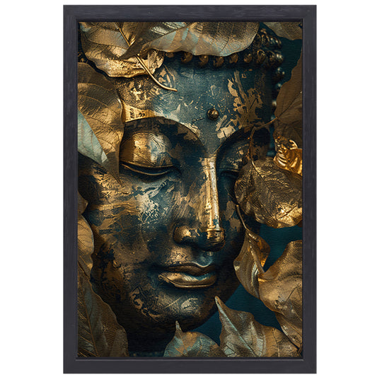 Blauwe en Gouden Boeddha met Bladmotieven canvas met baklijst