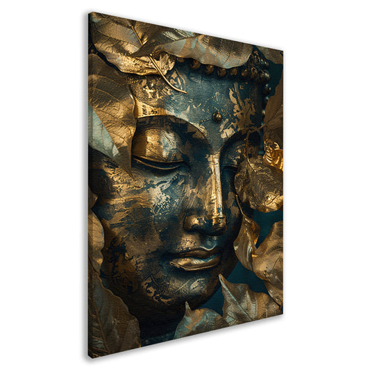 Blauwe en Gouden Boeddha met Bladmotieven canvas