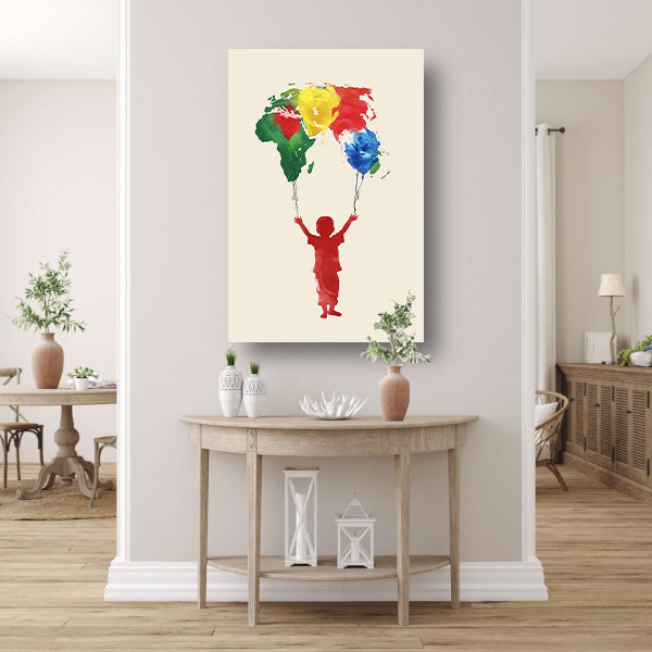 Kind houdt de wereld vast als ballonnen canvas met baklijst