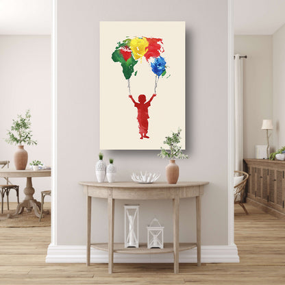 Kind houdt de wereld vast als ballonnen poster