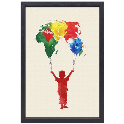 Kind houdt de wereld vast als ballonnen canvas met baklijst