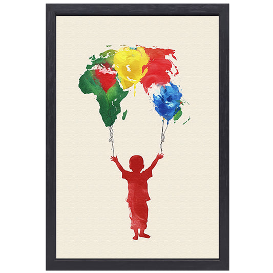 Kind houdt de wereld vast als ballonnen canvas met baklijst