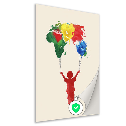 Kind houdt de wereld vast als ballonnen poster