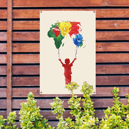 Kind houdt de wereld vast als ballonnen tuinposter