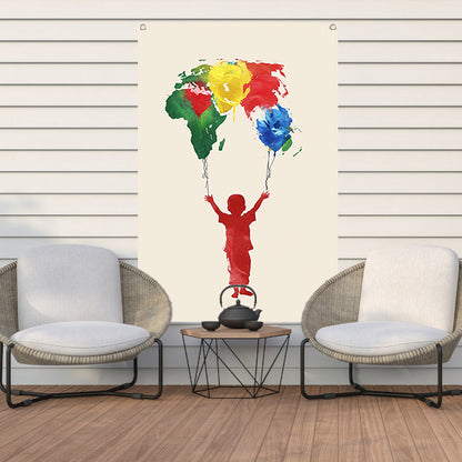 Kind houdt de wereld vast als ballonnen tuinposter